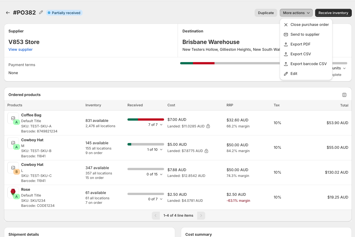 The More actions menu with Export barcode CSV selected