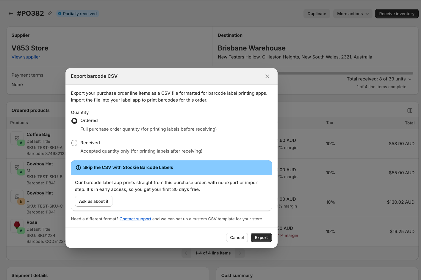 The More actions menu with Export barcode CSV selected