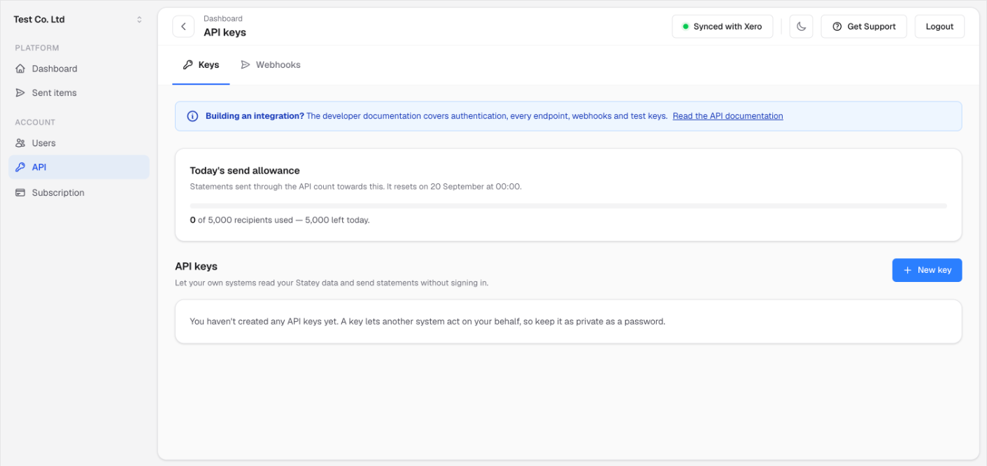 The API screen in Statey, under Account then API