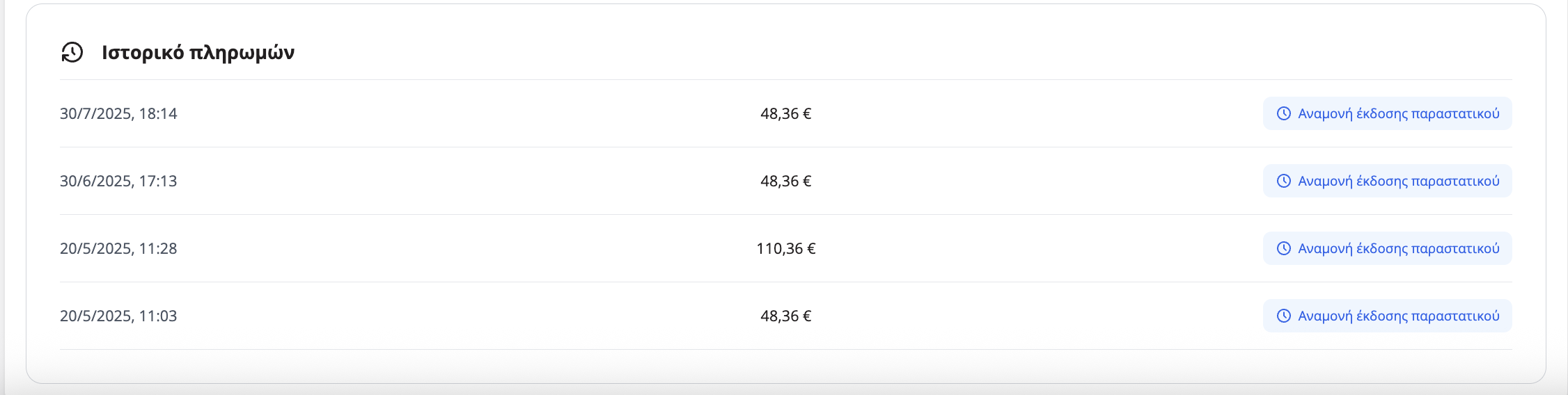 Προβολή ιστορικού πληρωμών στην πλατφόρμα