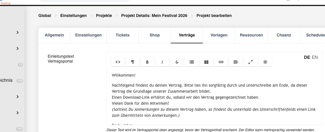 Das Feld Einleitungstext Vertragsportal im Tab Verträge der Projekteinstellungen