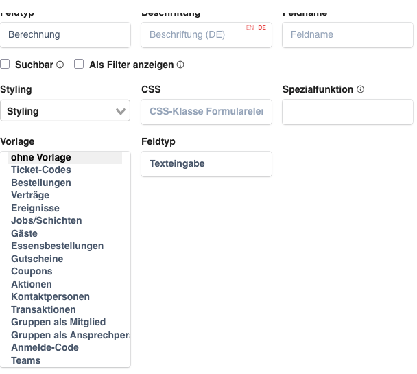 Vorlage-Auswahl im Formular-Editor: Feldtyp Berechnung mit allen verfügbaren Vorlagen