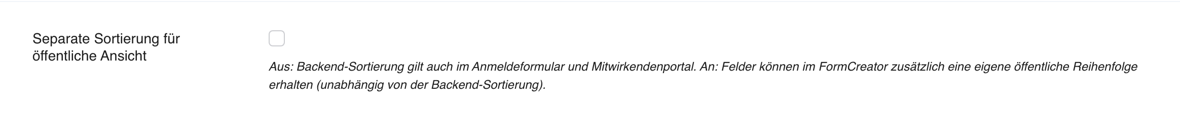 Einstellung „Separate Sortierung für öffentliche Ansicht" — Standard: aus
