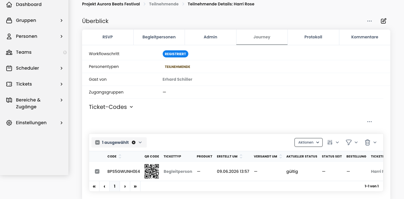 Ticket im Journey-Tab auswählen und über Aktionen erneut versenden