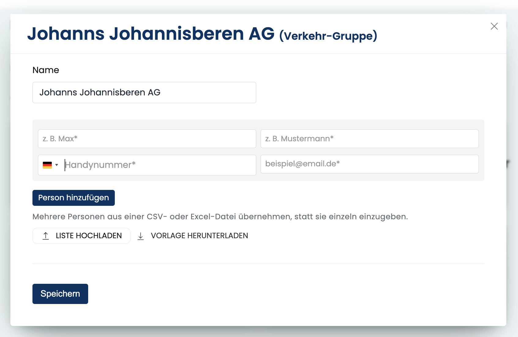 Mitglieder-Feld mit den Buttons Liste hochladen und Vorlage herunterladen