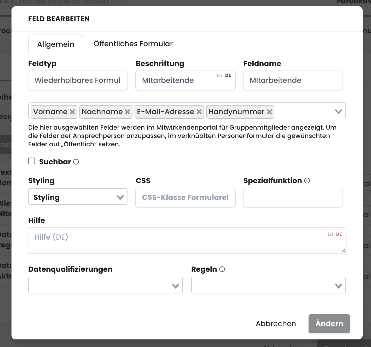 Felddefinition des wiederholbaren Feldes mit den ausgewählten Feldern und dem Feld Regeln