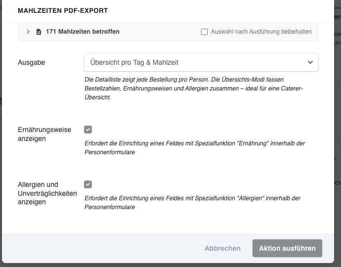 Aktion Mahlzeiten PDF-Export mit dem Auswahlfeld Ausgabe und den Schaltern für Ernährungsweise und Allergien