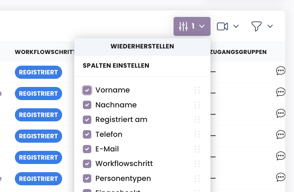 Das geöffnete Menü 'Spalten einstellen' mit einer Checkbox je Spalte