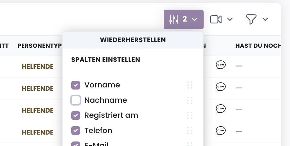 Das Menü 'Spalten einstellen' mit ausgeblendeter Spalte Nachname