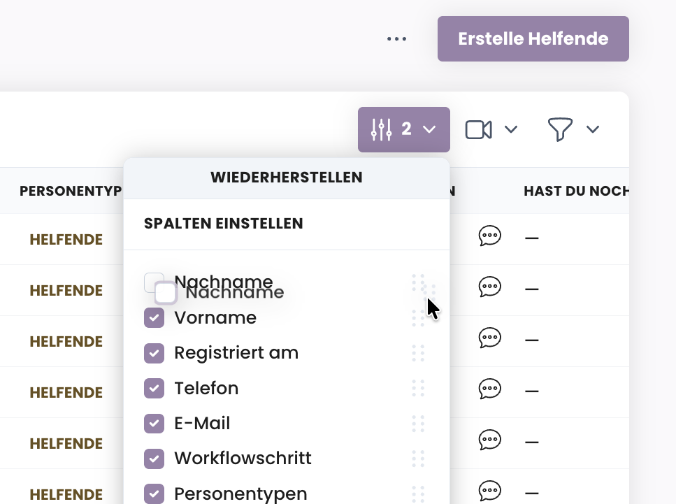Eine Spalte wird im Menü per Anfasser an eine neue Position gezogen