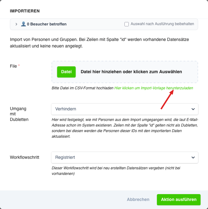 Import-Dialog mit Pfeil auf den Link Hier klicken um Import-Vorlage herunterzuladen