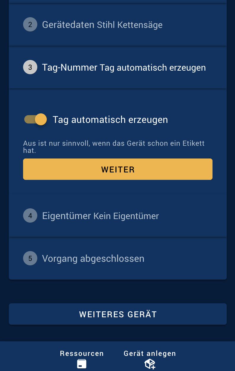 Schritt Tag-Nummer mit der Option „Tag automatisch erzeugen“