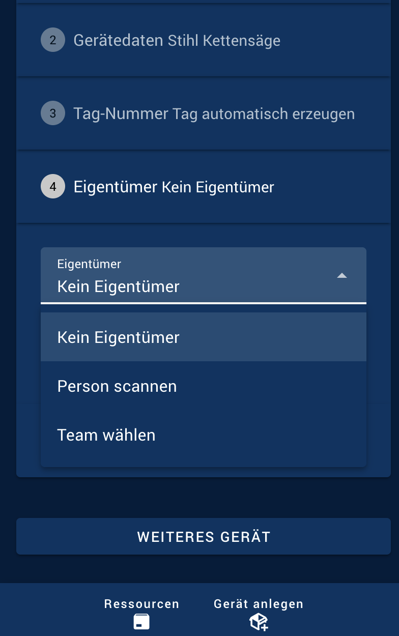 Auswahl des Eigentümers: kein Eigentümer, Person scannen oder Team wählen