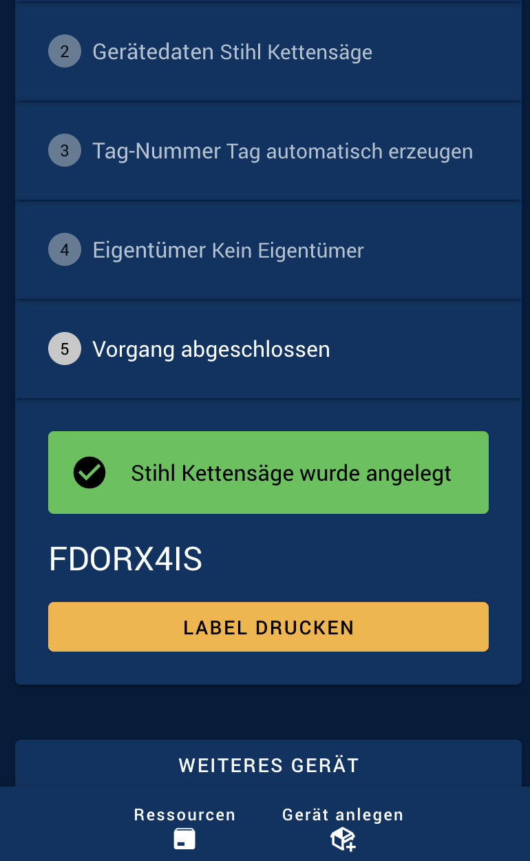 Ergebnis mit Tag-Nummer und Button „Label drucken“