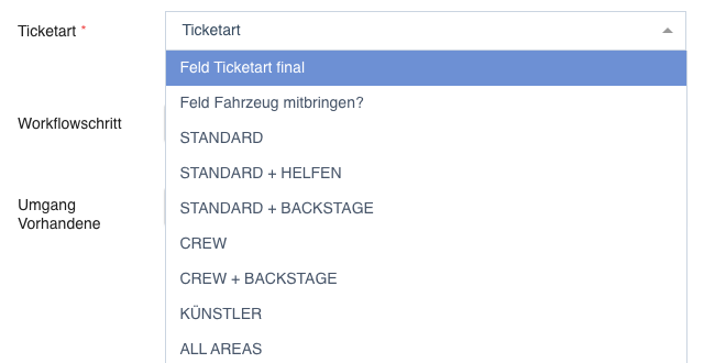 Die Ticketart-Auswahl mit zwei Feld-Einträgen über den einzelnen Ticketarten