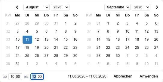 Kalender eines Datumsfilters mit den beiden Uhrzeit-Feldern ab und bis