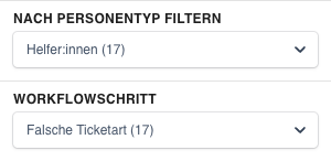 Im Filtermenü der Ticketcode-Übersicht steht unter „Nach Personentyp filtern" der Filter „Workflowschritt" mit einem ausgewählten Schritt