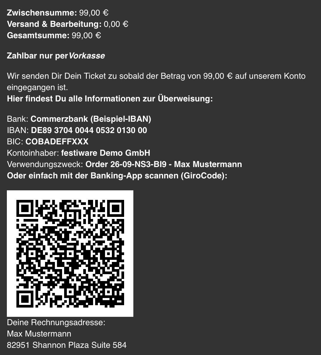 Zahlungsmail mit Kontodaten und GiroCode