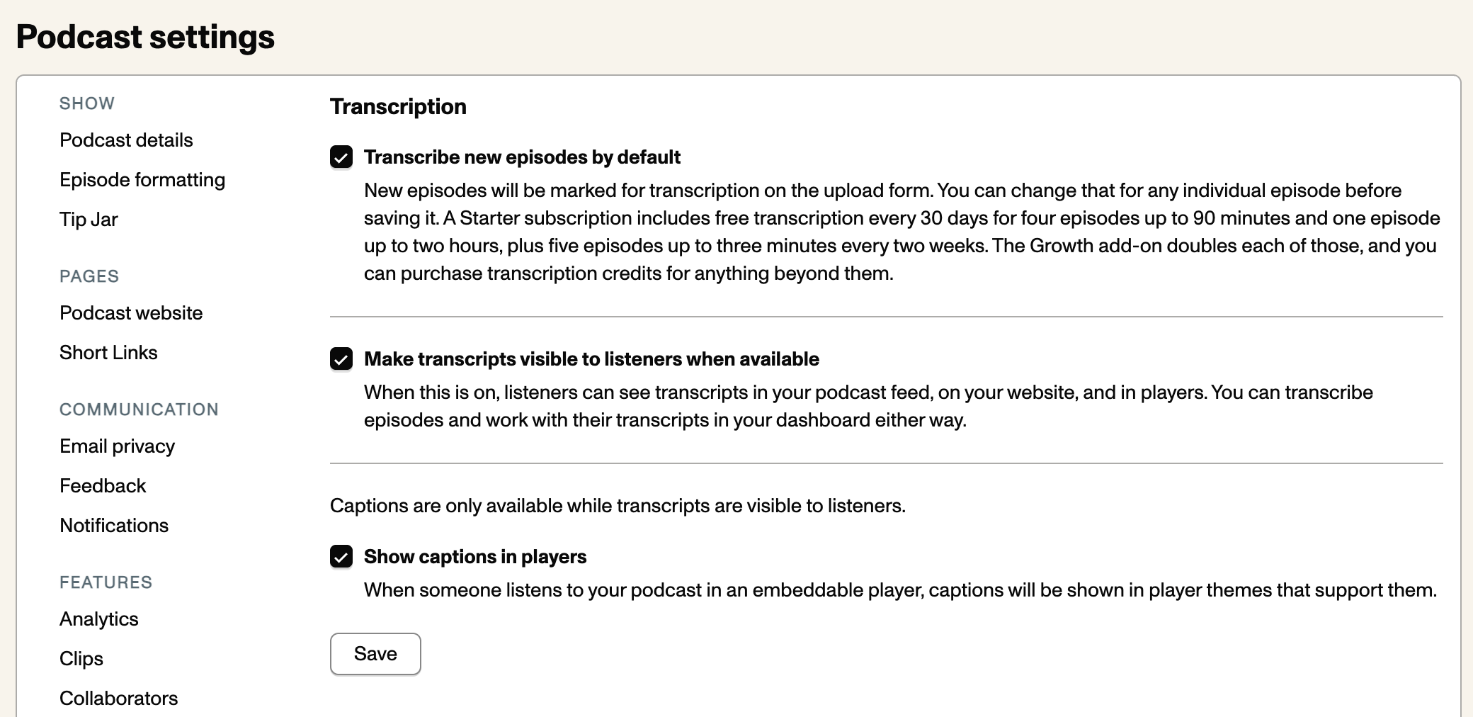 A screenshot showing the Transcripts tab under Podcast settings in the dashboard.