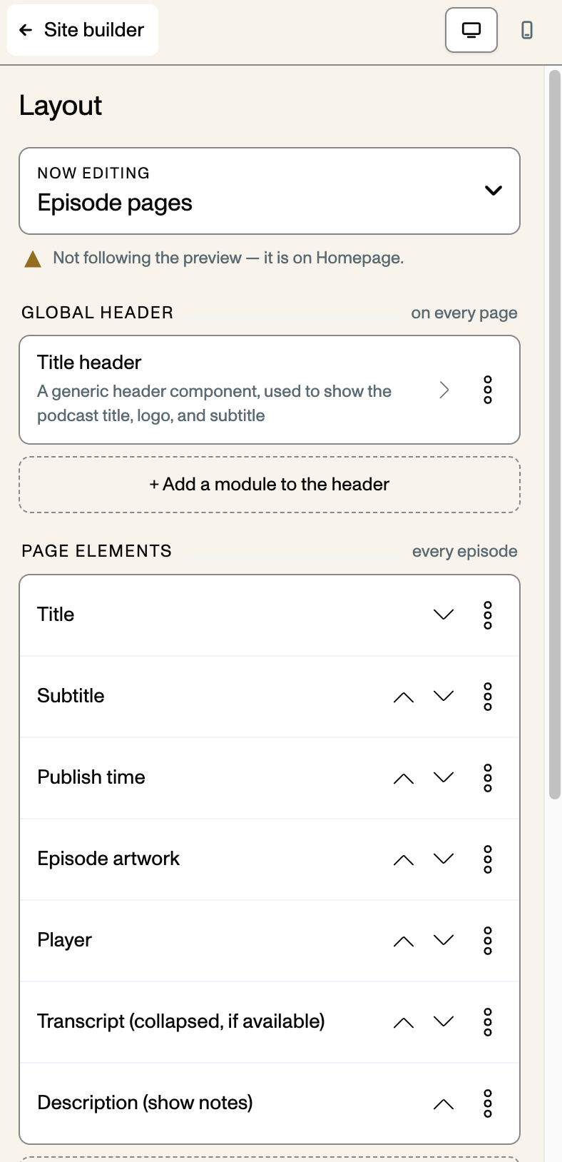 A screenshot of the site builder sidebar while editing the "episode pages" UI. It shows the elements that are on the page.