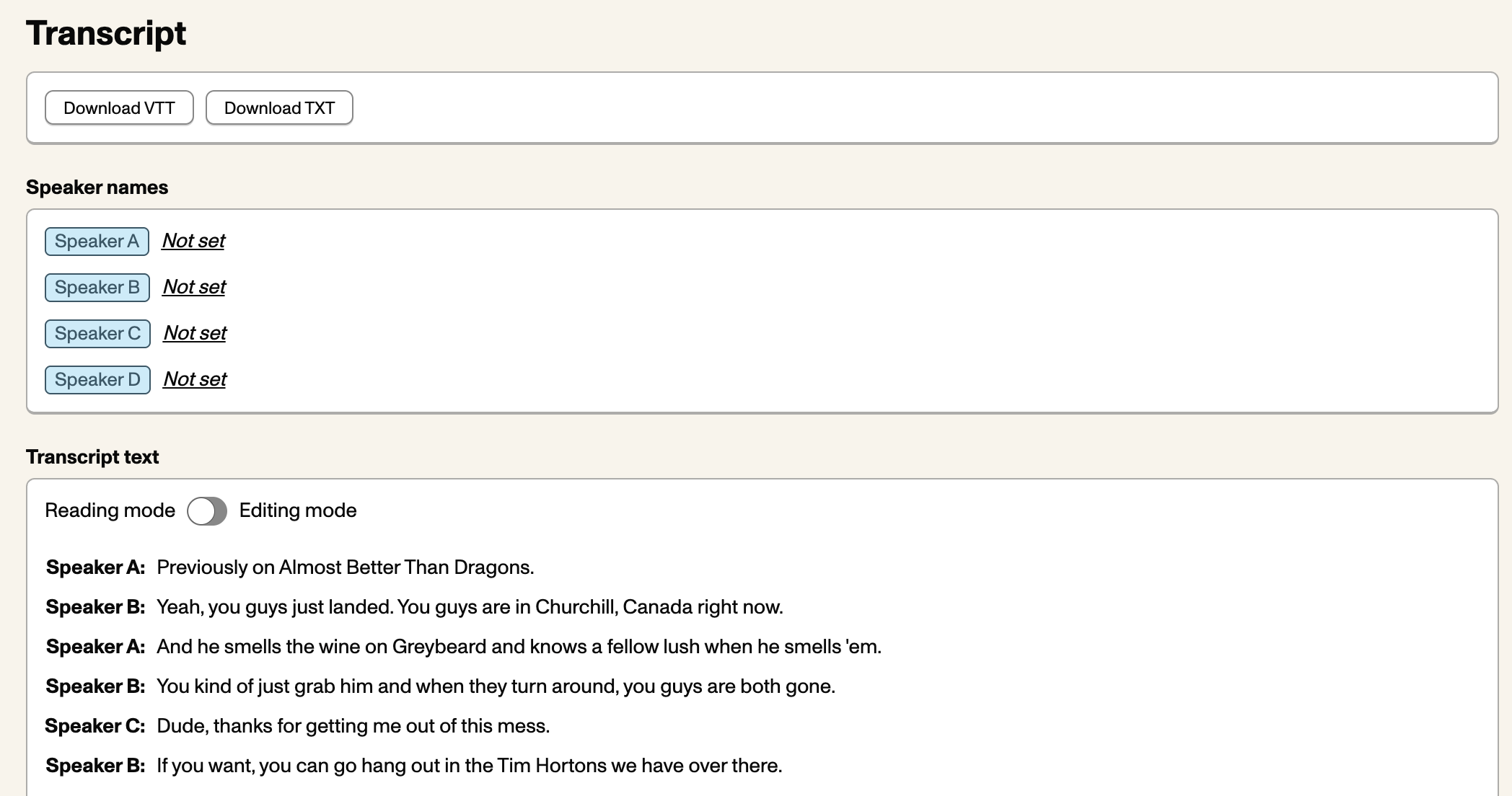 Screenshot of a transcribed episode in the podcast dashboard, showing the options to download the transcript, speaker labels, and the UI to read and edit the transcript