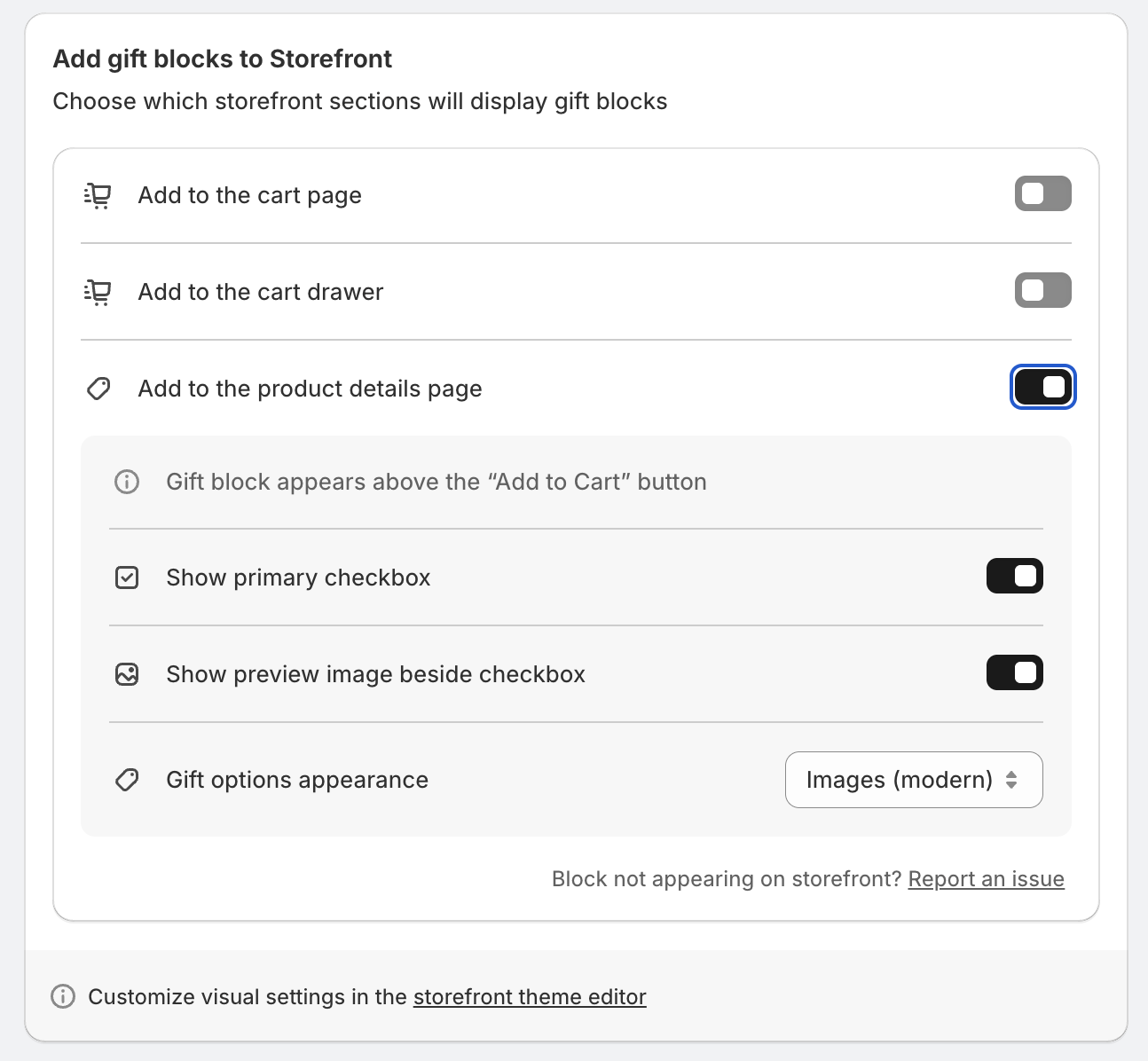 Gift block settings indicating where to request support