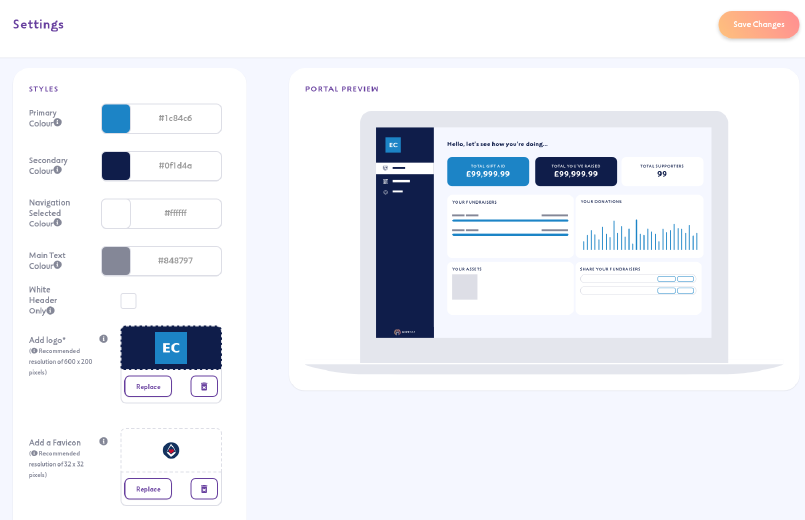 Community Fundraising Settings page with the Styles panel and Portal Preview