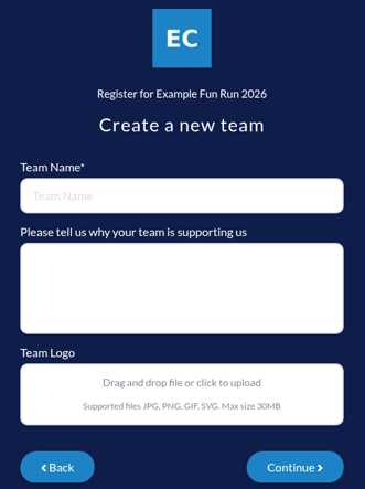 Supporter sign-up step Create a new team with Team Name, reason and Team Logo
