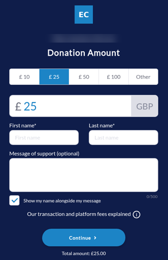 Donation Amount page with suggested amounts, name fields and message of support