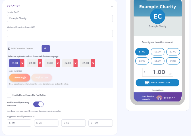 The Donation section with amounts, amount order and monthly donations turned on