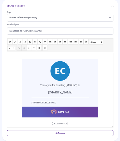The Email Receipt section with tags, subject and body