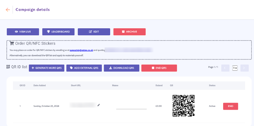 The Campaign details page with the QR ID list