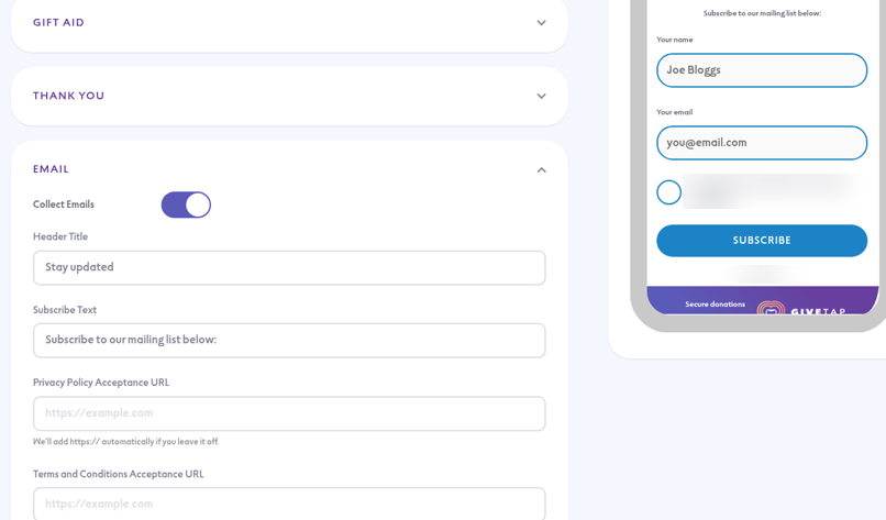 Collect Emails turned on, with the mailing list page in the preview