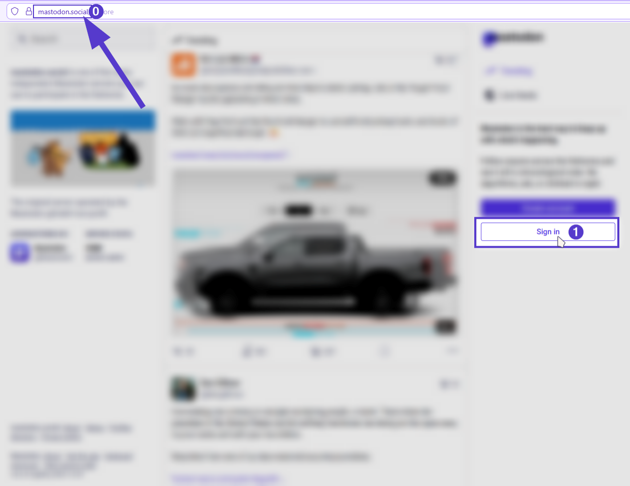 Homepage landing page highlighting the address bar. In it, the domain is highlighted between the forward slashes to show which part of the domain is the server name, on the right sidebar the sign in button is being clicked.