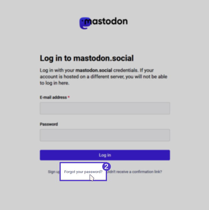 The log-in page for Mastodon. In the footer, the “forgot your password?” section is highlighted and clicked.