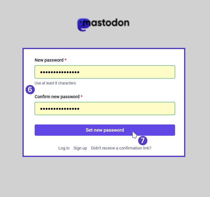 The password reset page with two fields “New Password” and “Confirm New Password.” They are both filled in and the “Set new password” button is clicked.