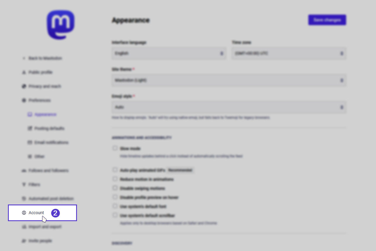 The Settings page with the “Account” button on the left sidebar highlighted and clicked.