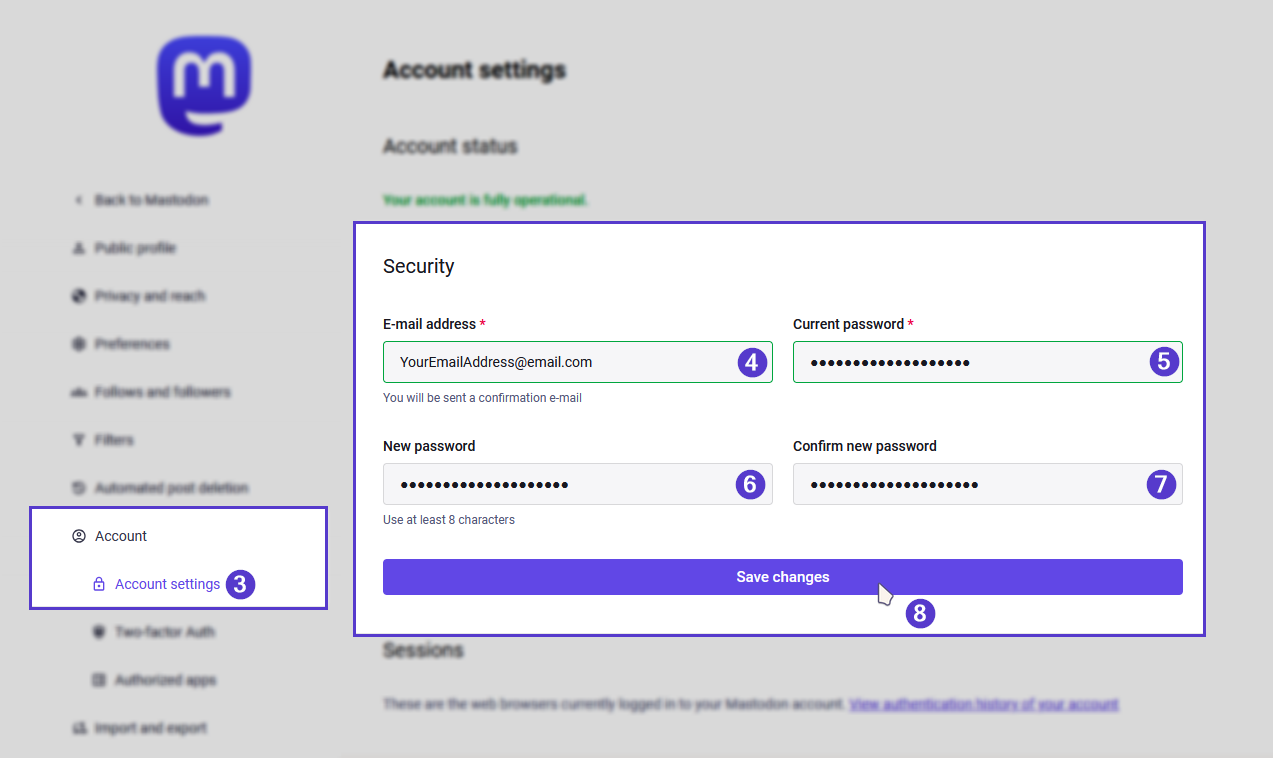 The Settings page with the left sidebar highlighting the “Account” and “Account Settings” buttons. The “Security” section of the “Account settings” page is also highlighted with the fields “E-mail address,” “Current password,” “New password,” “Confirm new password” all filled in and the “Save changes” button is clicked. Passwords must be at least 8 characters.