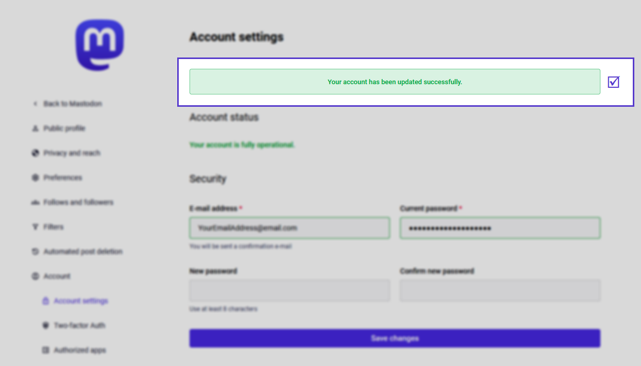 The same “Account settings” page with a top banner and the message “Your account has been updated successfully.”
