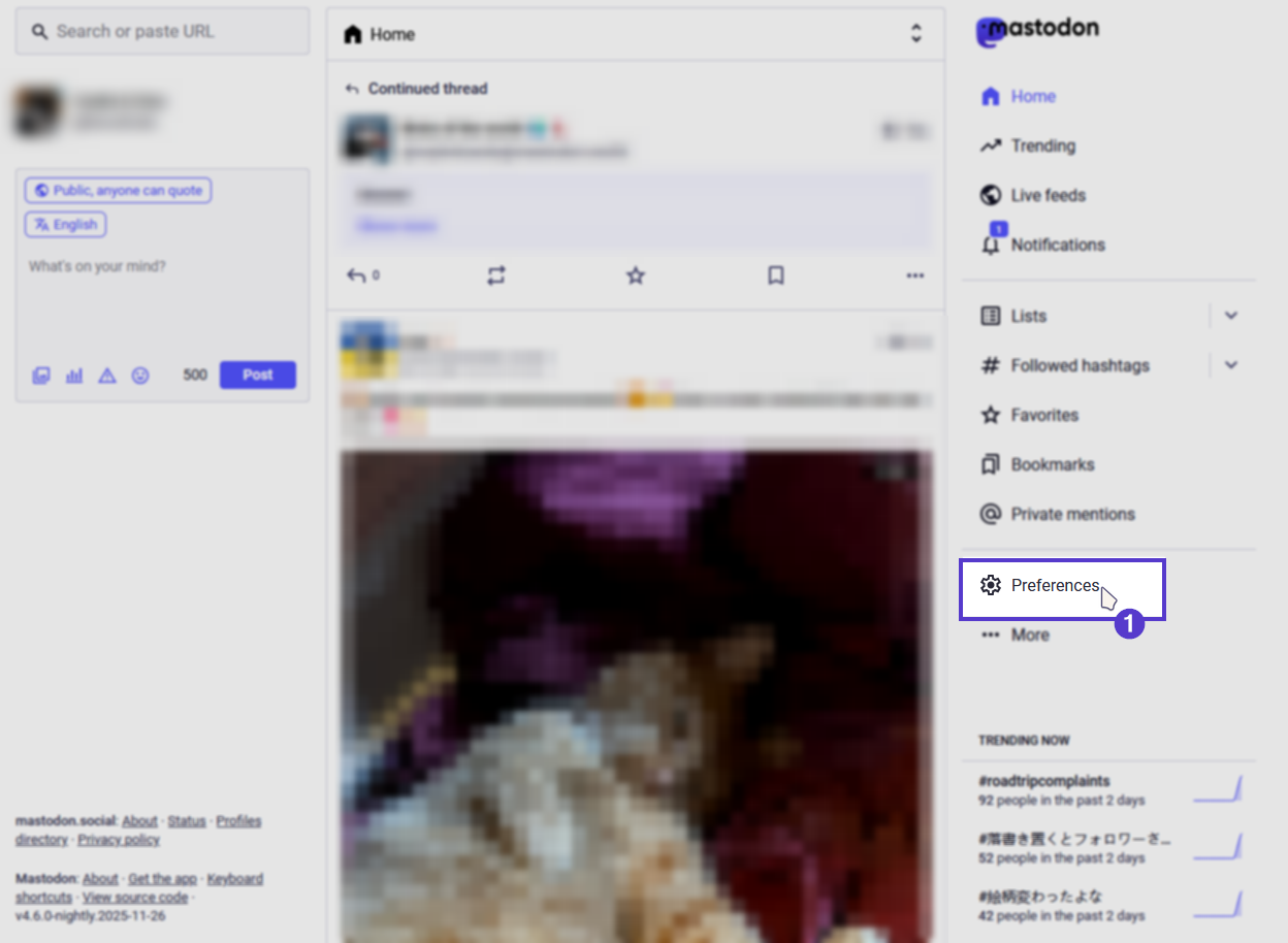 The Mastodon homepage, highlighting the “Preferences” button with a gear icon.