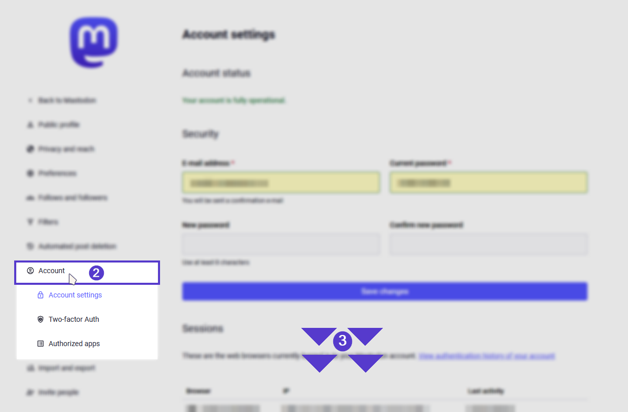 The settings page, highlighting the Account and Account settings with a padlock icon on the left sidebar, also instructing you to scroll down the page.