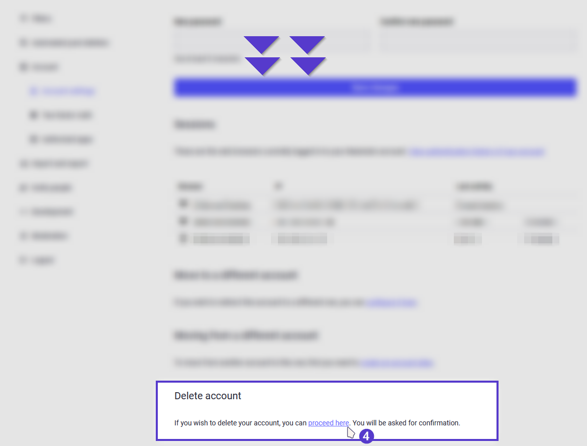 Bottom of the Account settings section, highlighting the Delete account section with a proceed here link is being clicked.