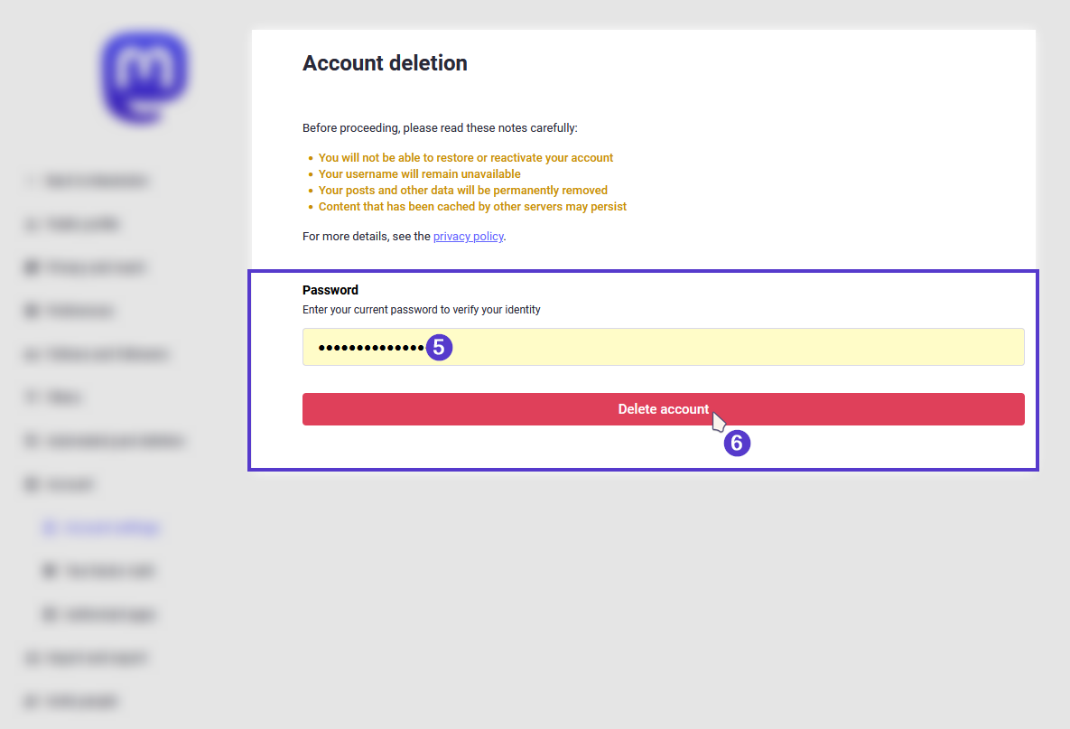 The Account deletion section with warnings about deleting the account, a password field already filled, and a Delete account button being clicked.