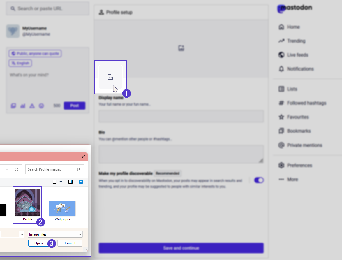 Empty profile page of mastodon, with the avatar area selected and and and file explorer window with an image selected.