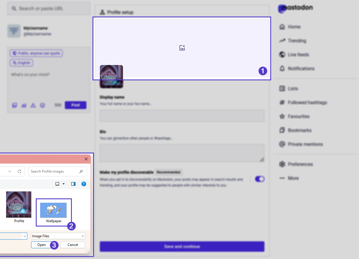 Empty profile page of mastodon, with the banner area selected and and and file explorer window with an image selected.