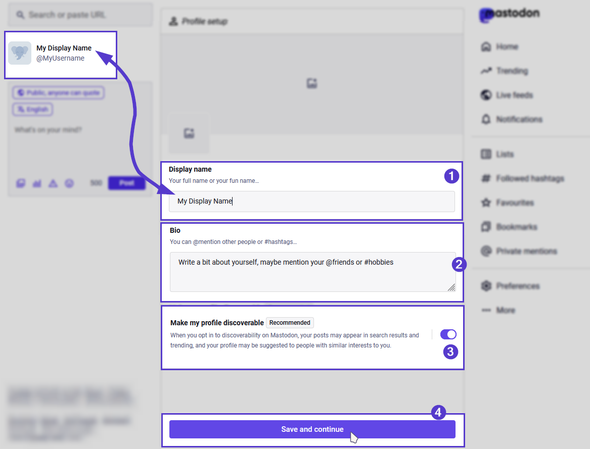 Empty profile page of mastodon, liking the username and display name to their corresponding areas. Biography and discoverability settings are also highlighted.