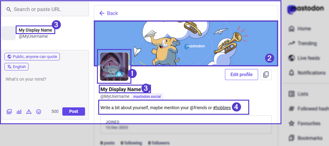 Completed profile page of mastodon now displaying an avatar, banner and filled out biography.
