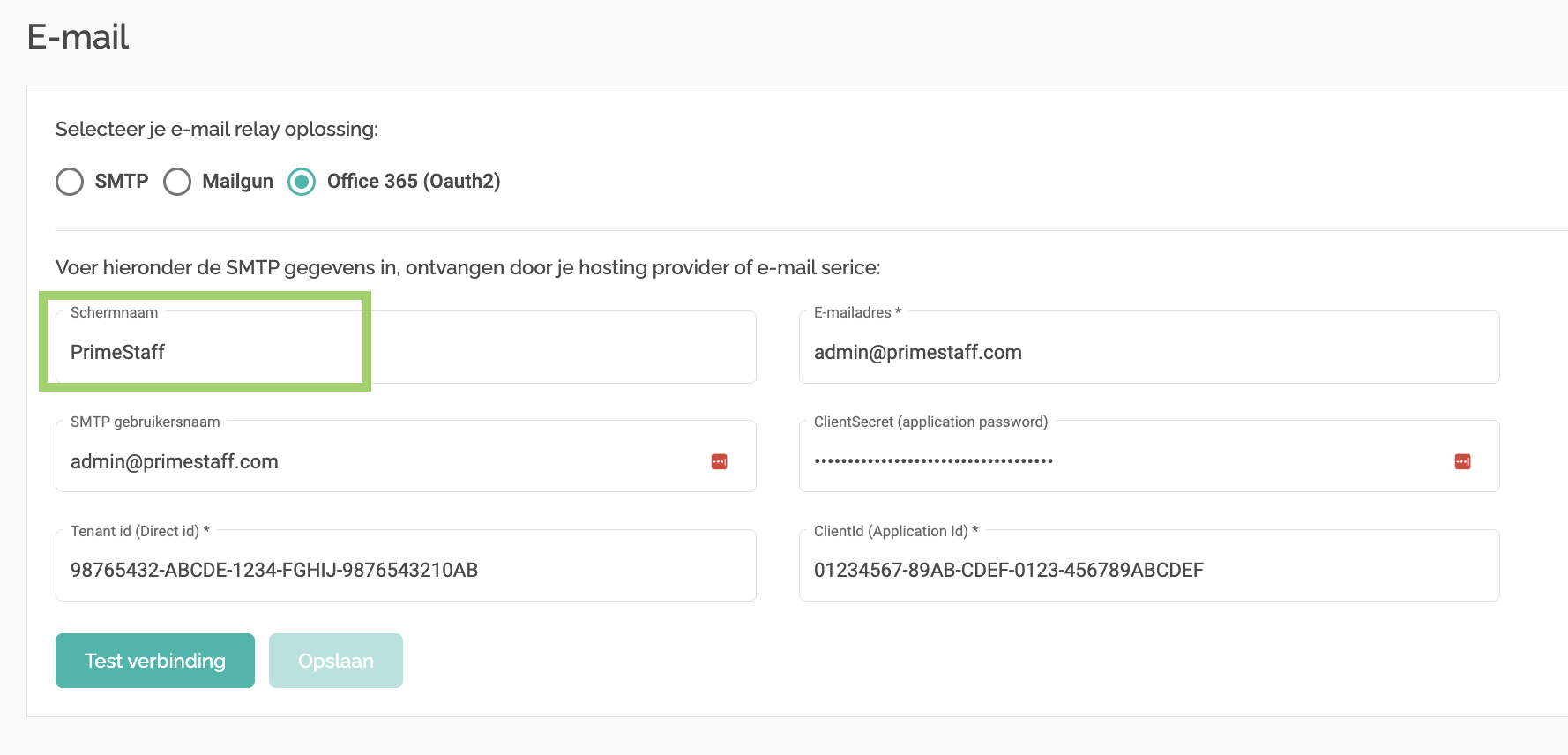Example of completely entered custom email configuration.