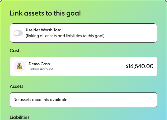 The Link assets to this goal step in SortMe, showing a list of connected bank accounts the user can attach to their new Goal.