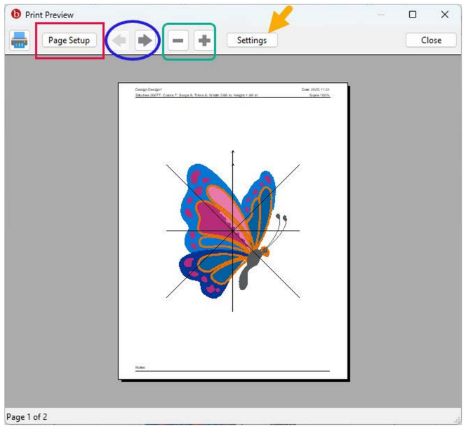 Print Preview window with Page Setup, page arrows, zoom and Settings highlighted
